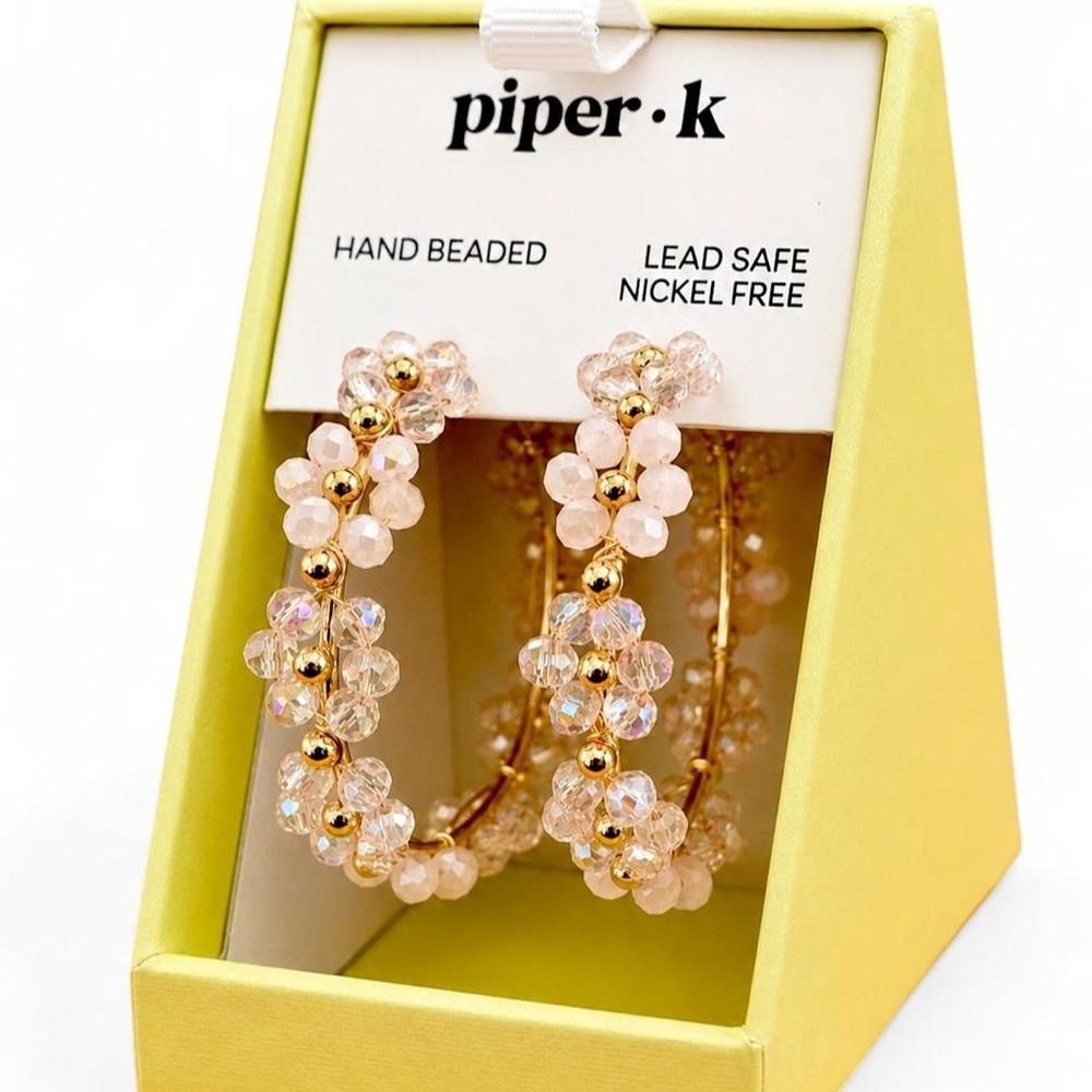 Piper K Hand-Beaded Hoop Earrings Blush Pink Floral Boho NIB